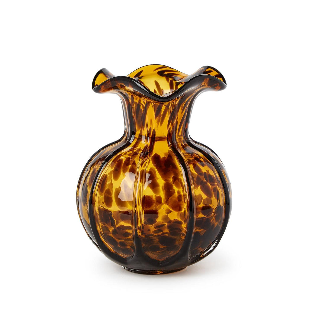 Tortoiseshell patterned glass vase on a white background