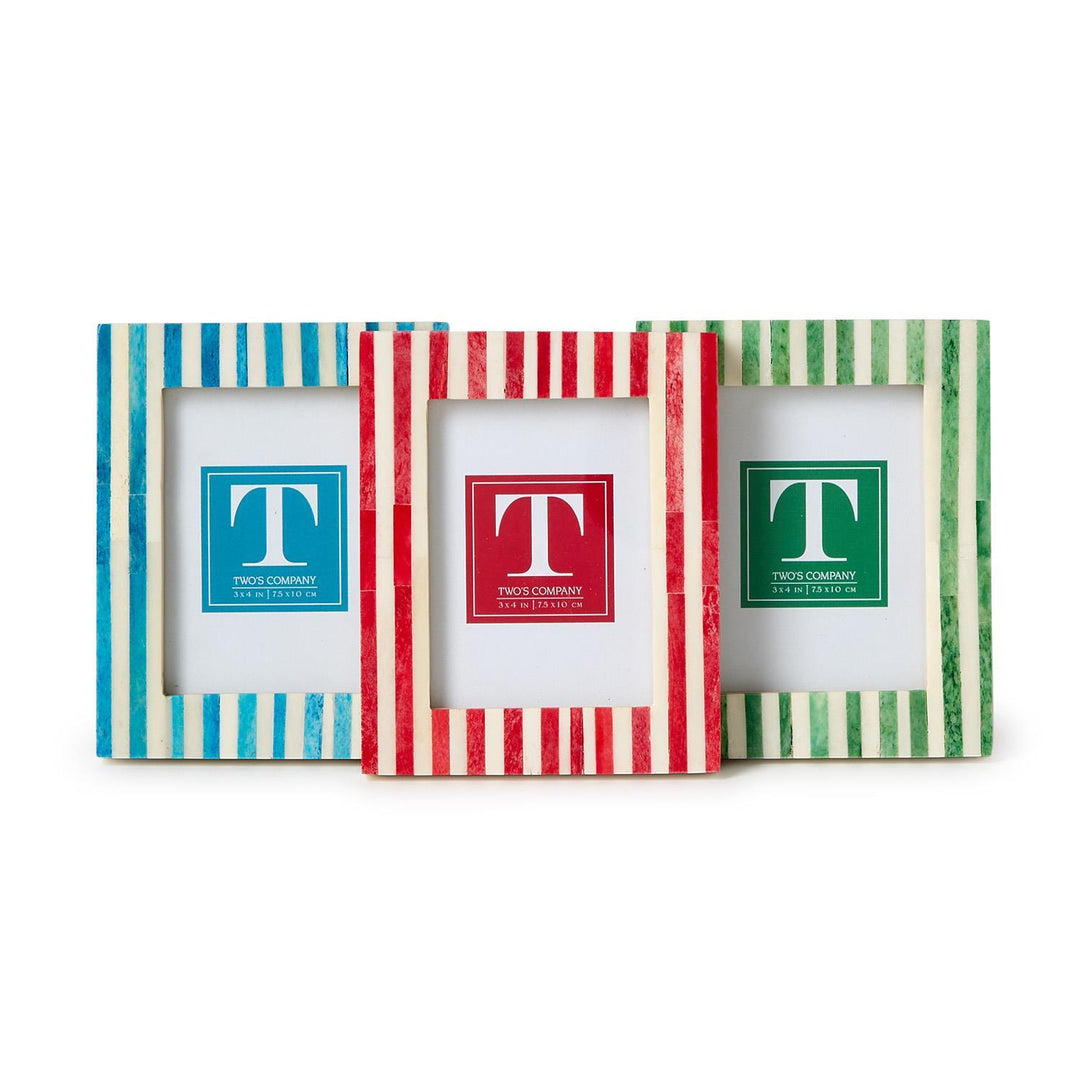 Three striped picture frames with 'T' logos on a white background