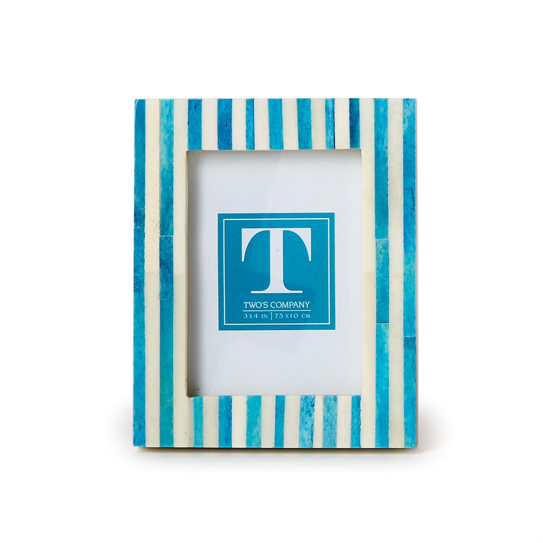 Blue and white striped picture frame with a visible brand logo on a white background