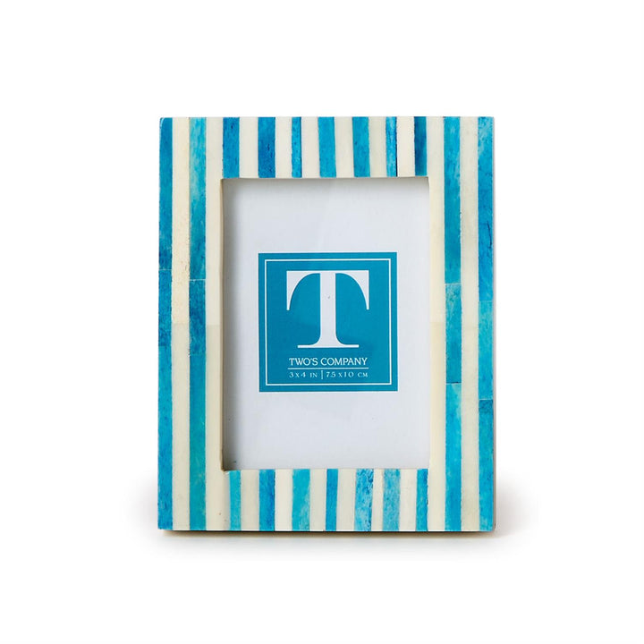 Blue and white striped picture frame with a visible brand logo on a white background