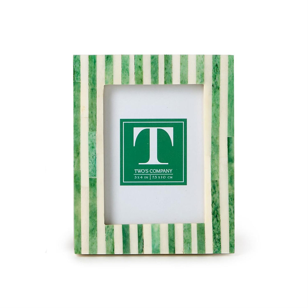 Green and white striped picture frame with a logo on a white background
