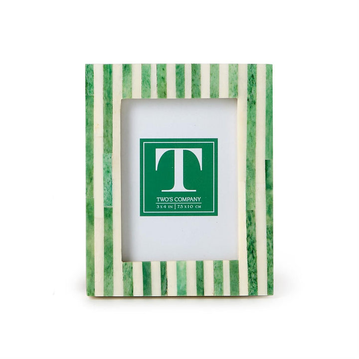 Green and white striped picture frame with a logo on a white background