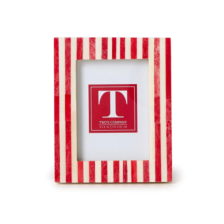 Red and white striped picture frame with 'Two's Company' logo on a white background