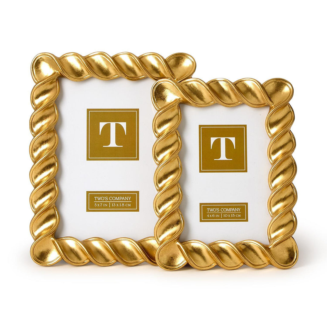 Gold twisted frame with 'T' logo on a white background