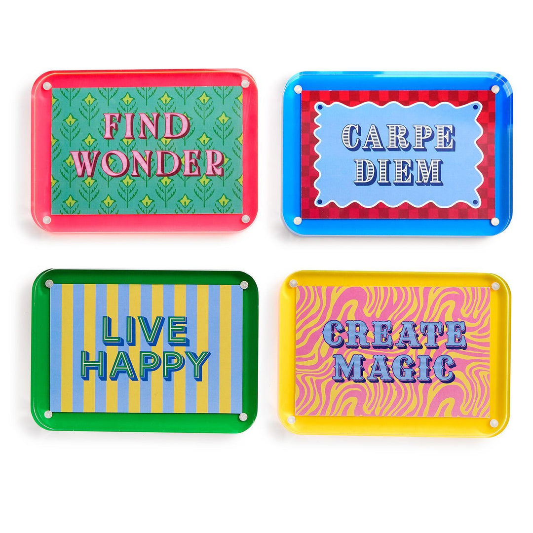 Four colorful rectangular signs with motivational phrases on a white background