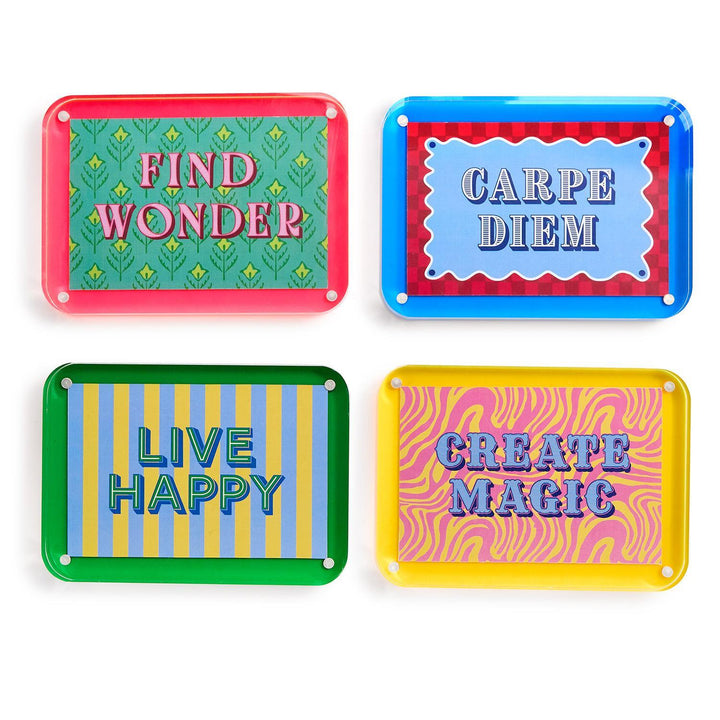 Four colorful rectangular signs with motivational phrases on a white background