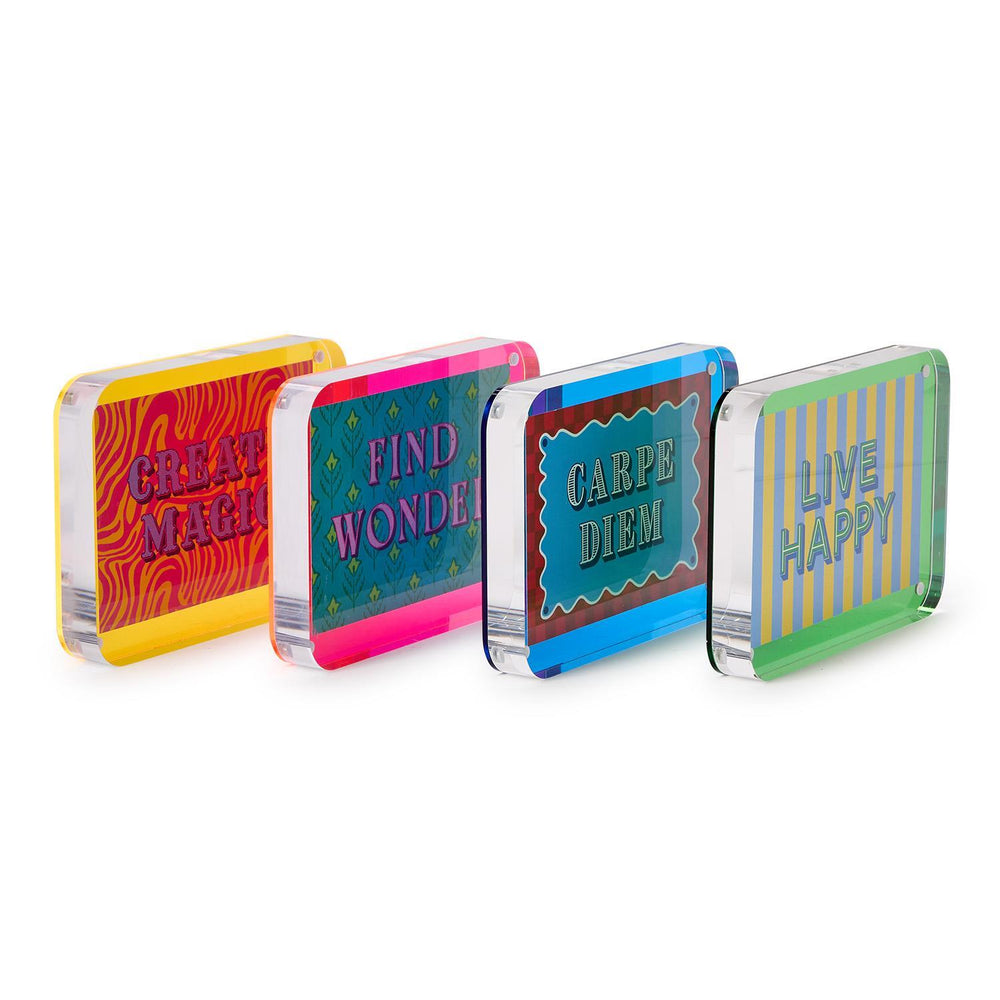 Four colorful coasters with motivational phrases on a white background
