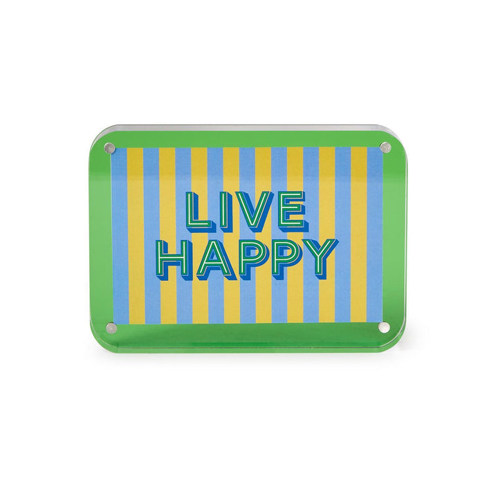 Decorative sign with 'Live Happy' text on a striped background