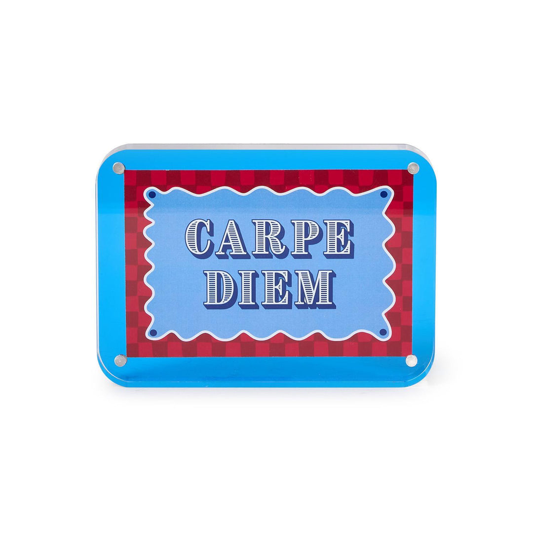 Decorative sign with 'CARPE DIEM' text on a blue border with red background