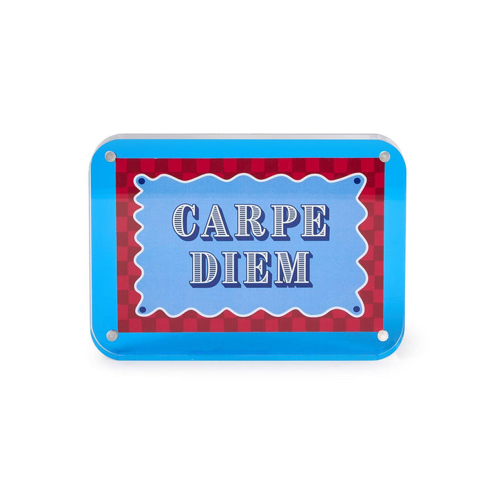 Decorative sign with 'CARPE DIEM' text on a blue border with red background