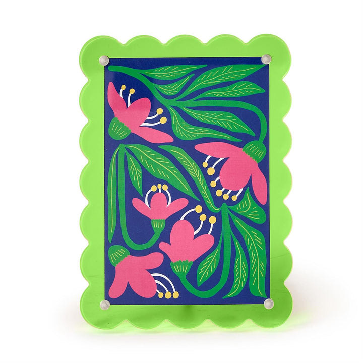 Decorative card with pink flowers and green leaves on a blue background, framed by a green border.