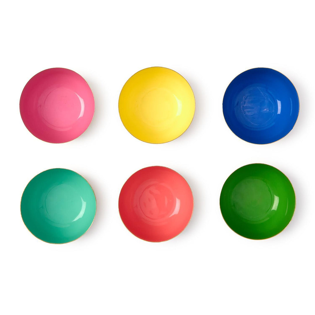 Set of six colorful bowls on a white background