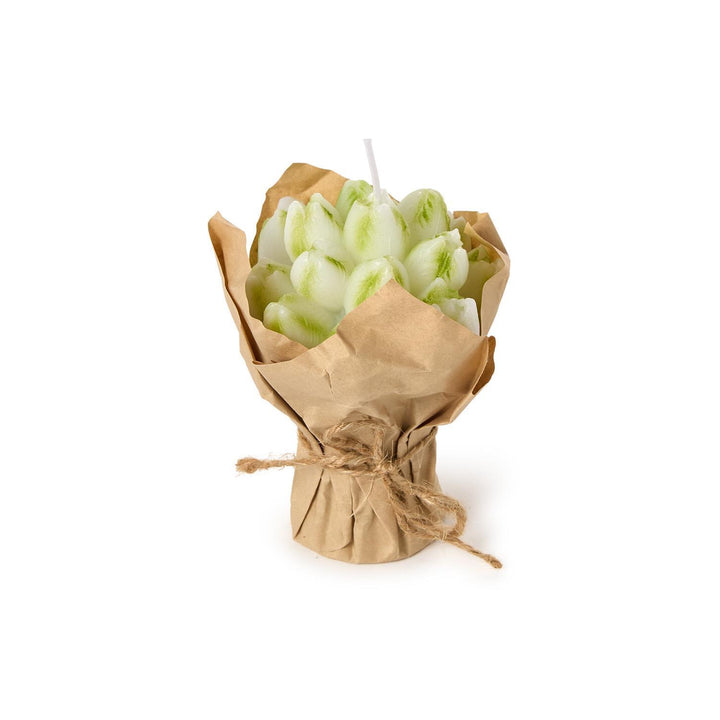 Bouquet of white candles wrapped in brown paper on a white background