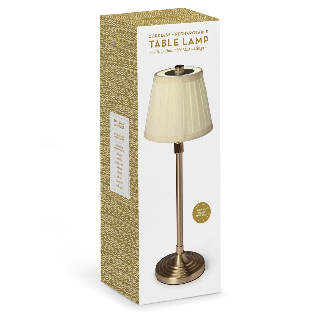 Cordless rechargeable table lamp with packaging on a white background