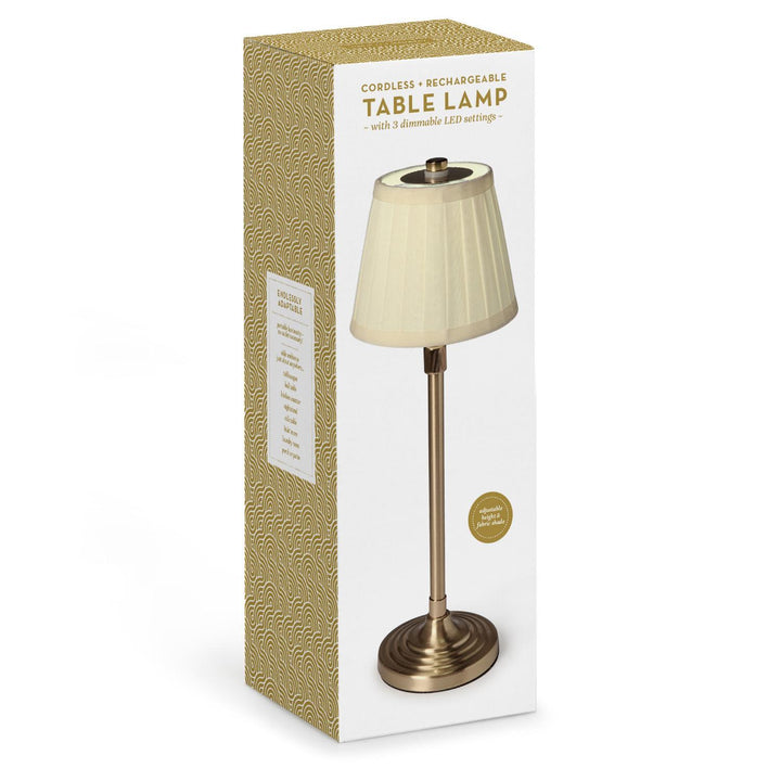 Cordless rechargeable table lamp with packaging on a white background