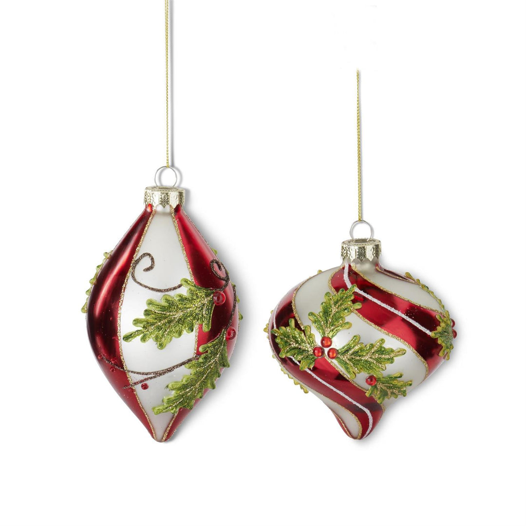 RED & WHITE STRIPED HOLLY GLASS ORNAMENT