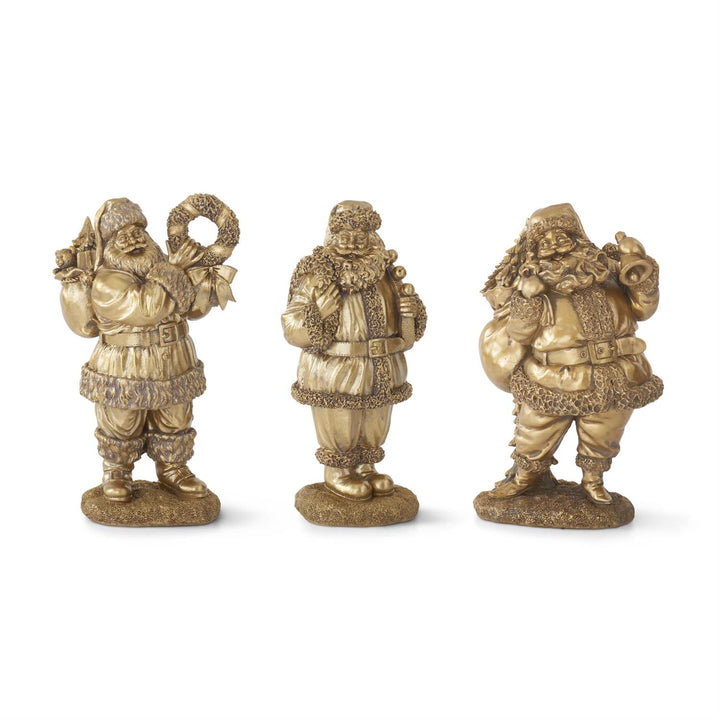 Three ornate gold statues of a bearded figure on a white background