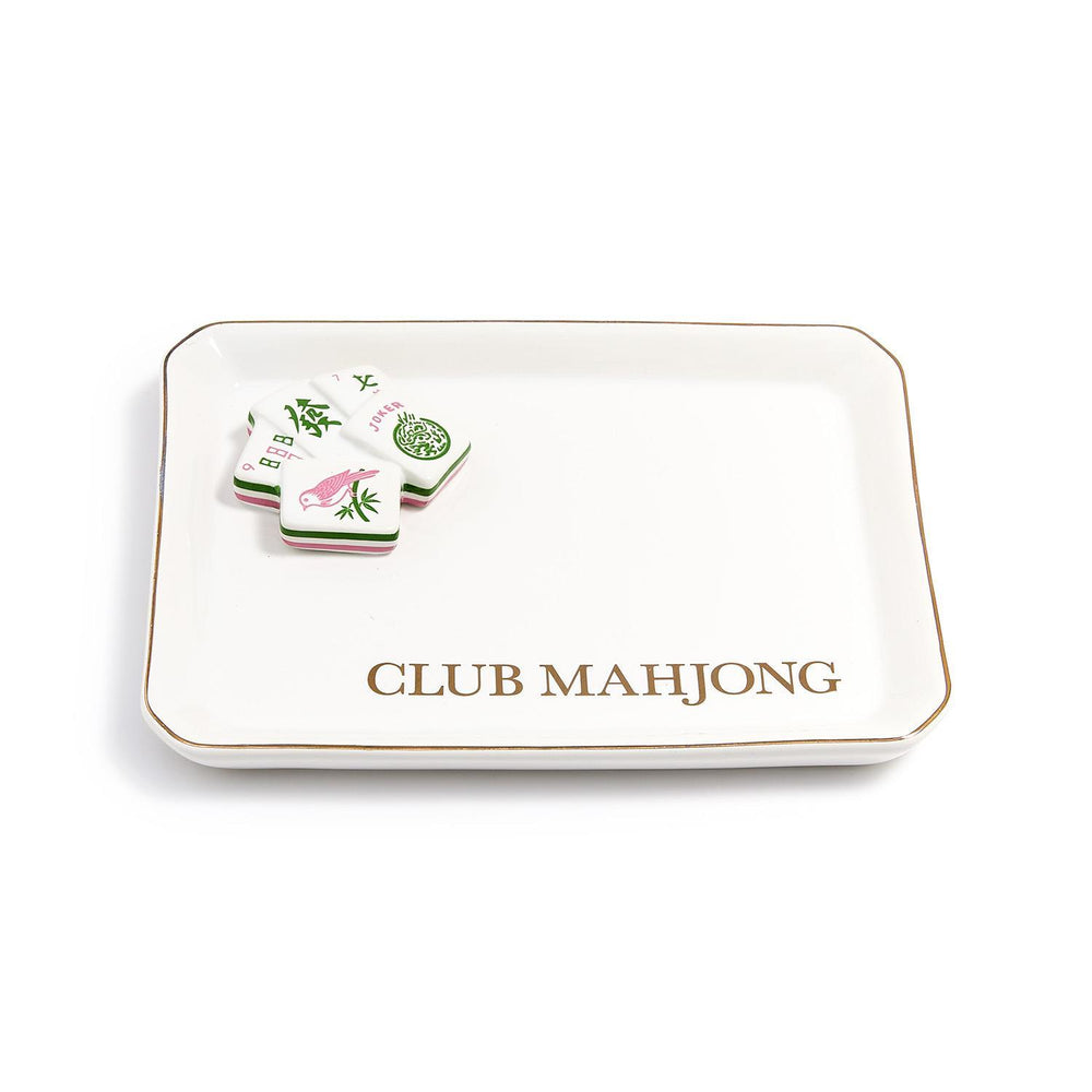 White tray with 'Club Mahjong' text and mahjong tiles on a white background
