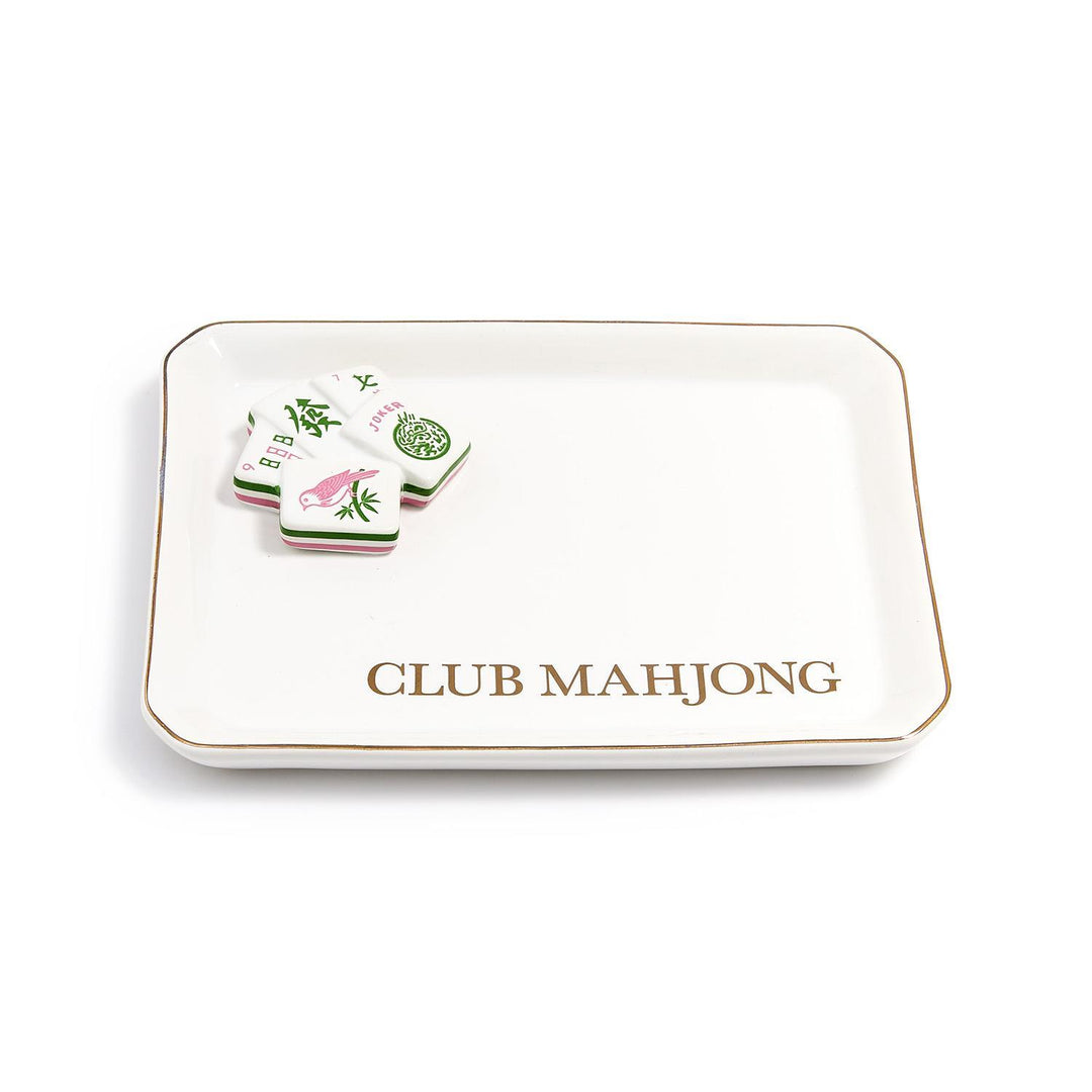 White tray with 'Club Mahjong' text and mahjong tiles on a white background