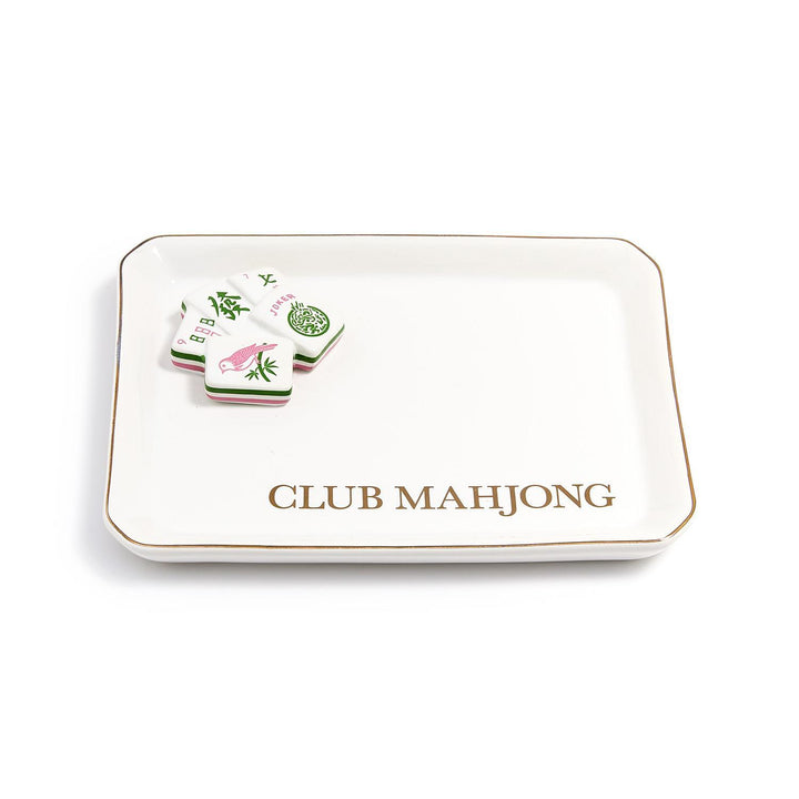 White tray with 'Club Mahjong' text and mahjong tiles on a white background