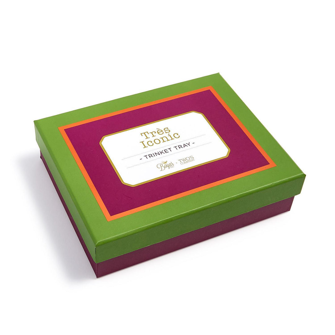 Green and purple box with a label on a white background