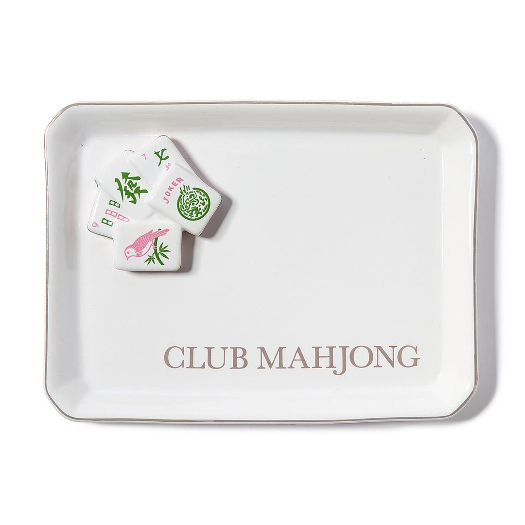 White tray with 'Club Mahjong' branding featuring mahjong tiles on a white background