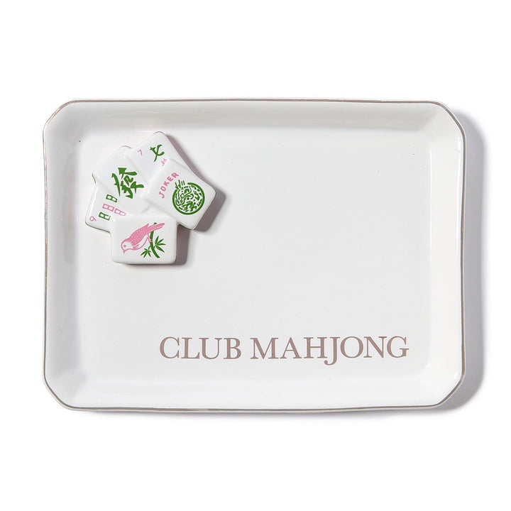 White tray with 'Club Mahjong' branding featuring mahjong tiles on a white background