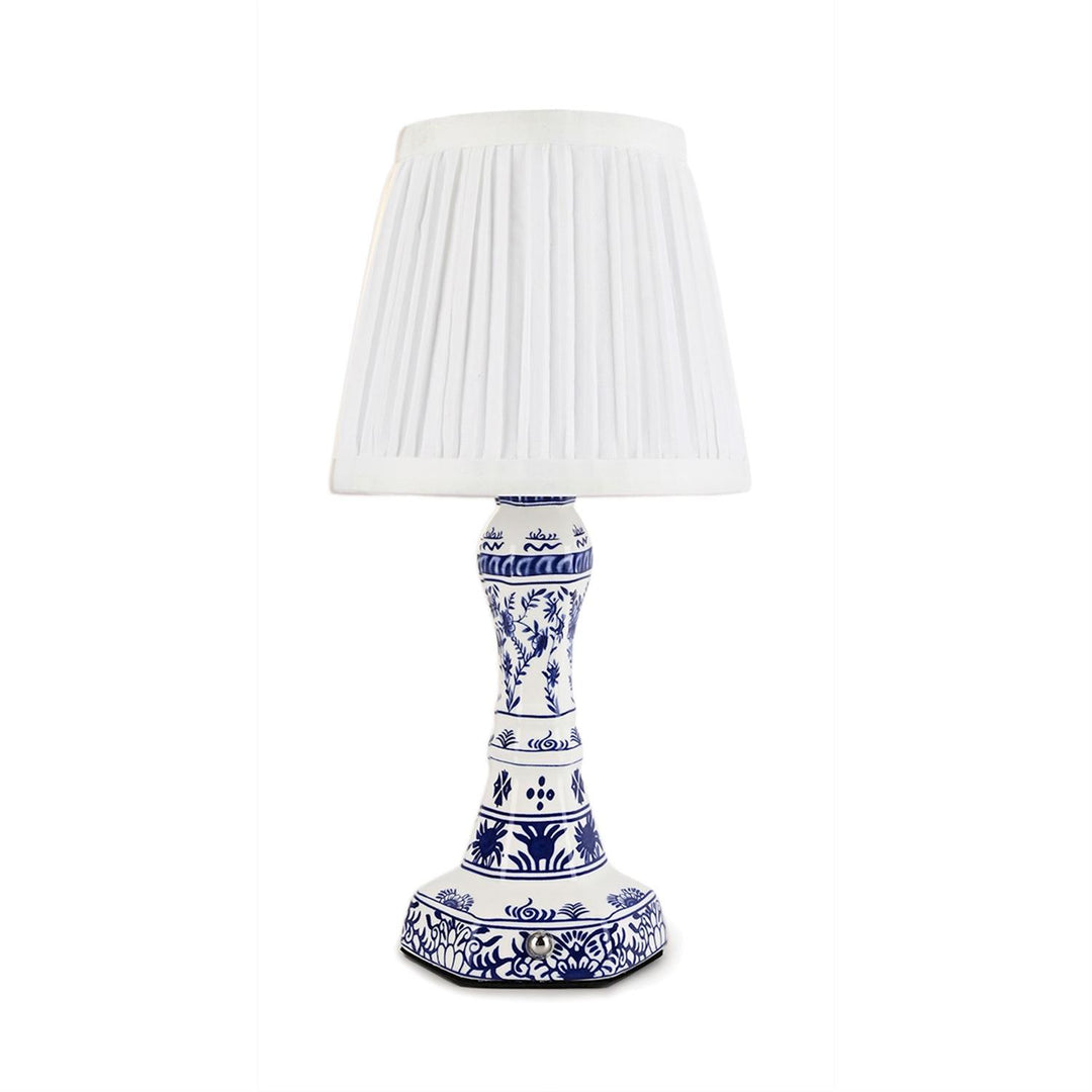 CHINOISERIE BLUE & WHITE FLORAL LED CORDLESS TABLE LAMP WITH PLEATED LAMPSHADE