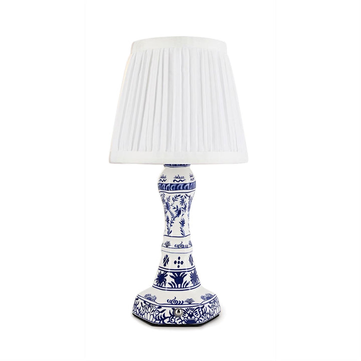 CHINOISERIE BLUE & WHITE FLORAL LED CORDLESS TABLE LAMP WITH PLEATED LAMPSHADE