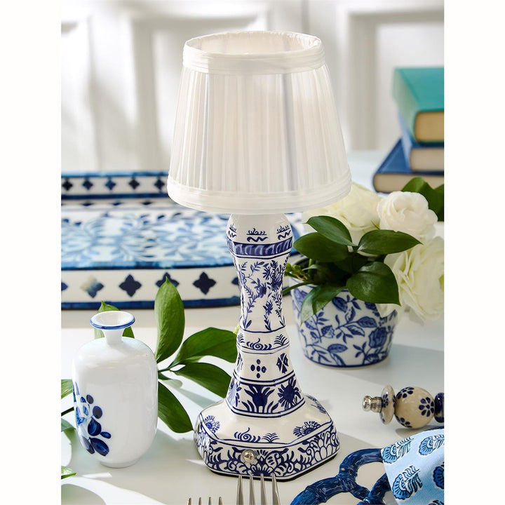 CHINOISERIE BLUE & WHITE FLORAL LED CORDLESS TABLE LAMP WITH PLEATED LAMPSHADE