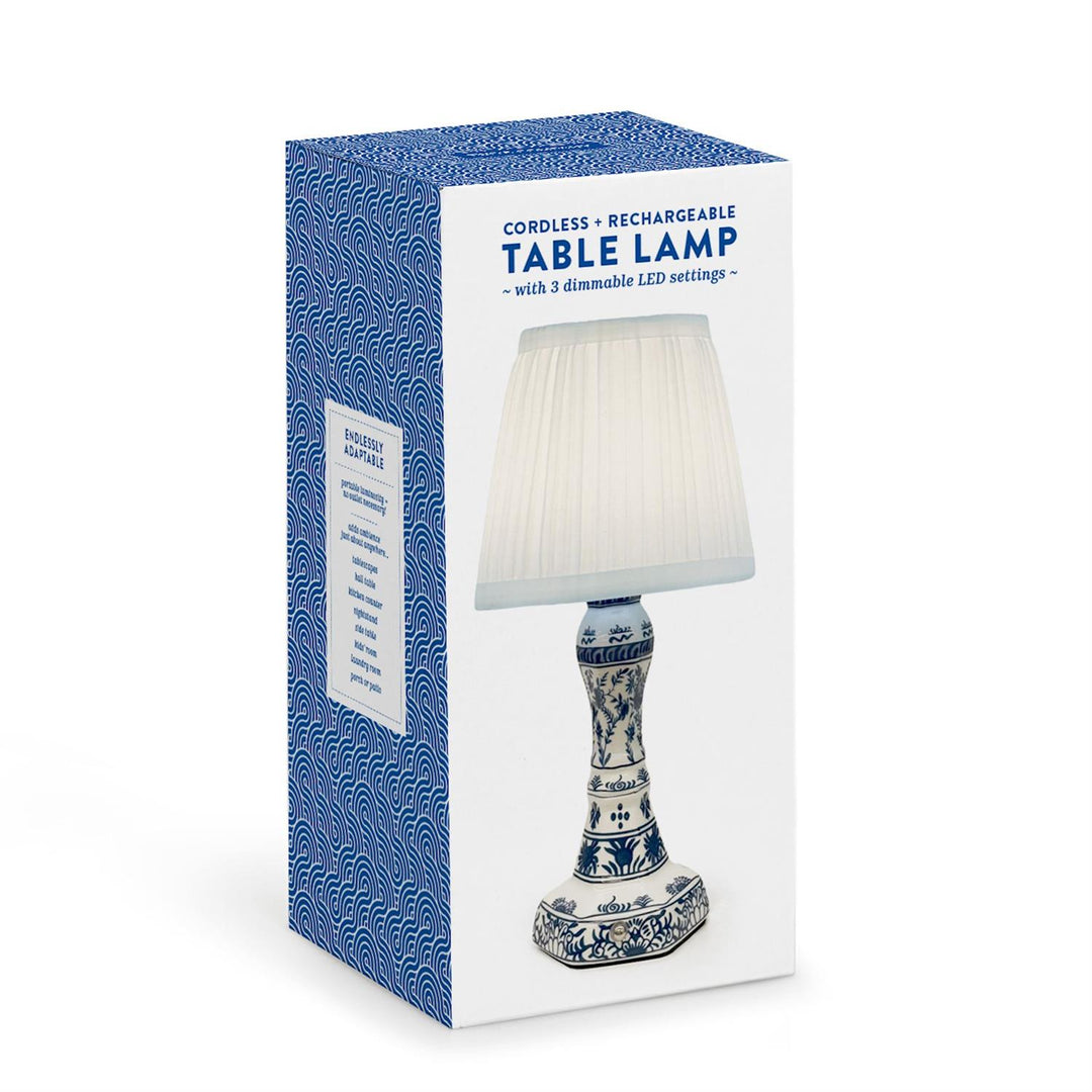 CHINOISERIE BLUE & WHITE FLORAL LED CORDLESS TABLE LAMP WITH PLEATED LAMPSHADE