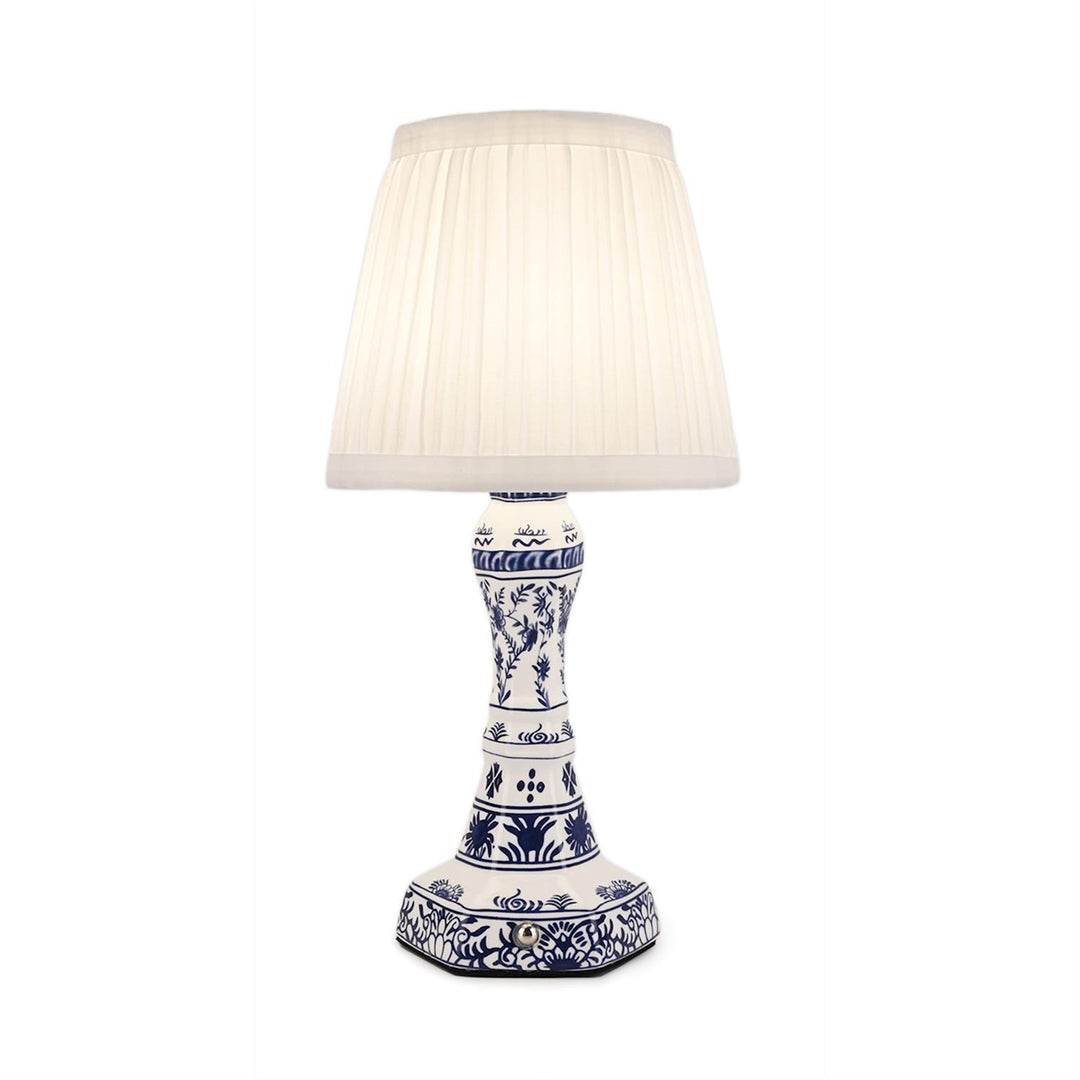 CHINOISERIE BLUE & WHITE FLORAL LED CORDLESS TABLE LAMP WITH PLEATED LAMPSHADE