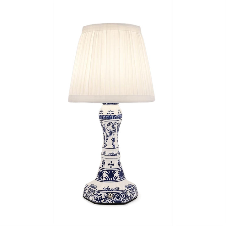 CHINOISERIE BLUE & WHITE FLORAL LED CORDLESS TABLE LAMP WITH PLEATED LAMPSHADE