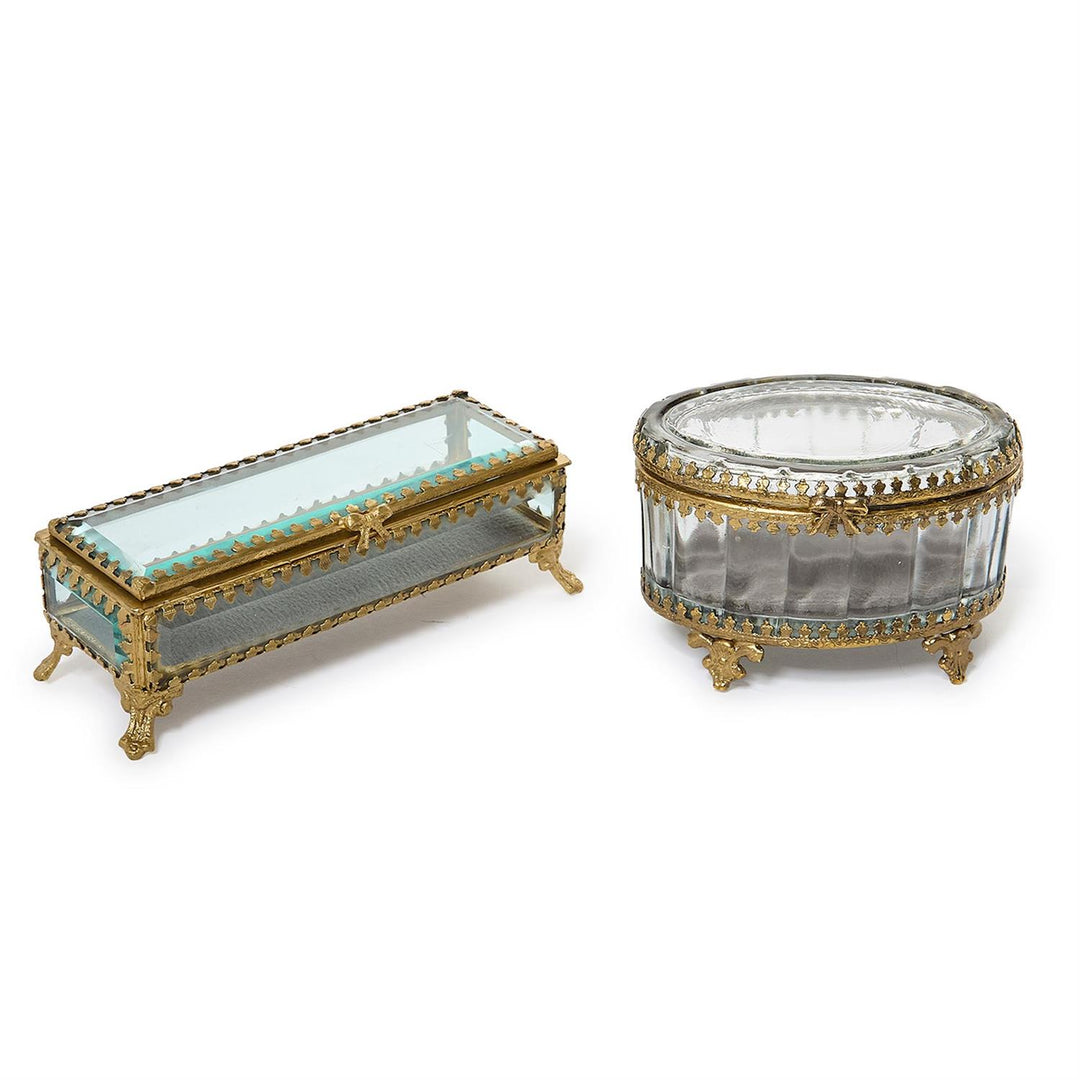 GLASS & BRASS JEWELRY BOX WITH GOLD ANTIQUE TRIM & BOW ACCENT CLOSURE