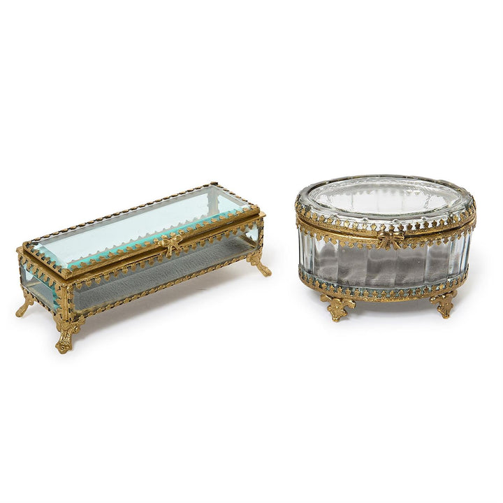 GLASS & BRASS JEWELRY BOX WITH GOLD ANTIQUE TRIM & BOW ACCENT CLOSURE