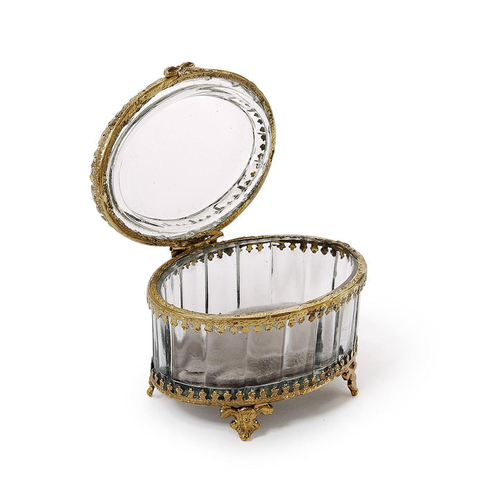 GLASS & BRASS JEWELRY BOX WITH GOLD ANTIQUE TRIM & BOW ACCENT CLOSURE