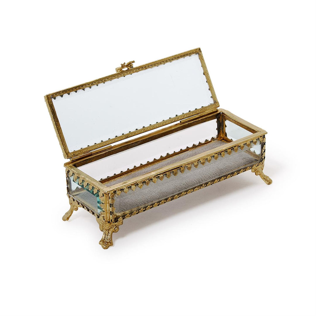 GLASS & BRASS JEWELRY BOX WITH GOLD ANTIQUE TRIM & BOW ACCENT CLOSURE