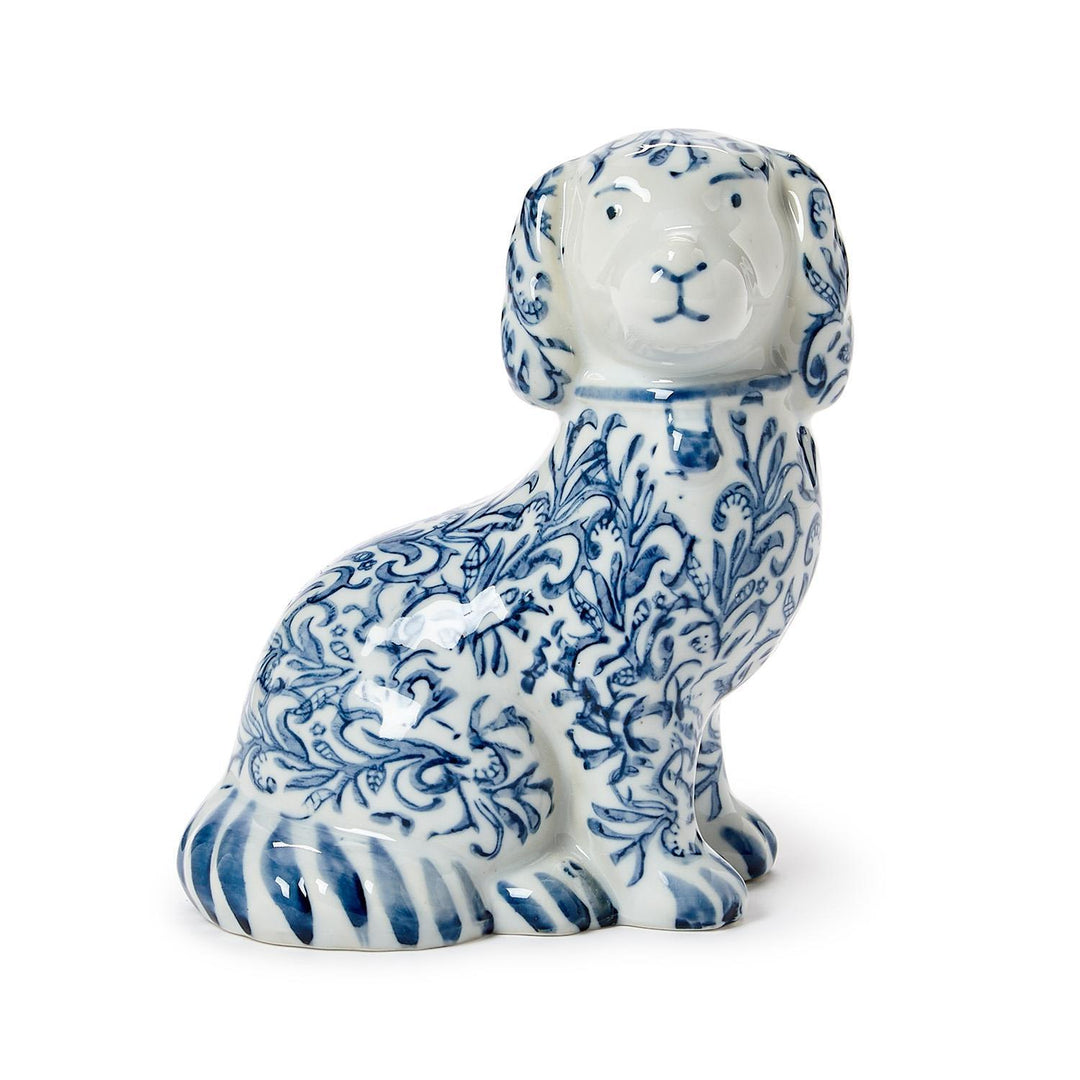CHINOISERIE HAND-PAINTED BLUE & WHITE STAFFORDSHIRE DOG STATUE