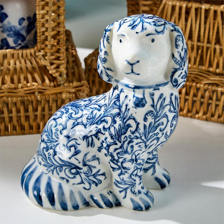 CHINOISERIE HAND-PAINTED BLUE & WHITE STAFFORDSHIRE DOG STATUE