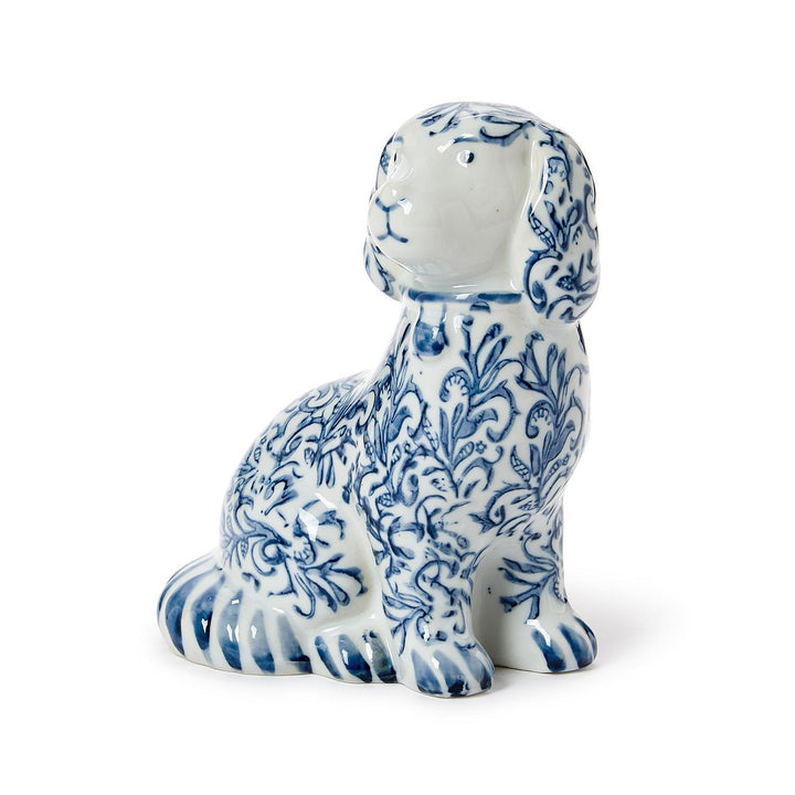 CHINOISERIE HAND-PAINTED BLUE & WHITE STAFFORDSHIRE DOG STATUE