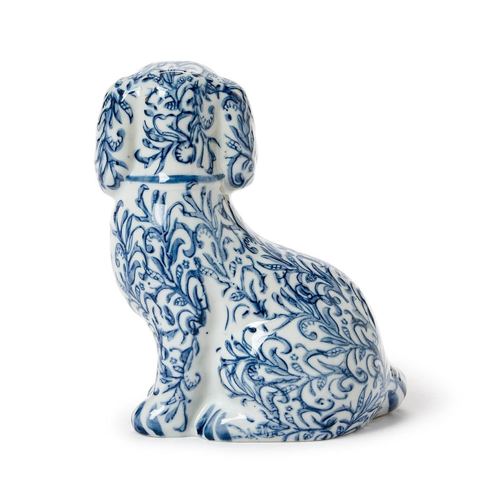CHINOISERIE HAND-PAINTED BLUE & WHITE STAFFORDSHIRE DOG STATUE