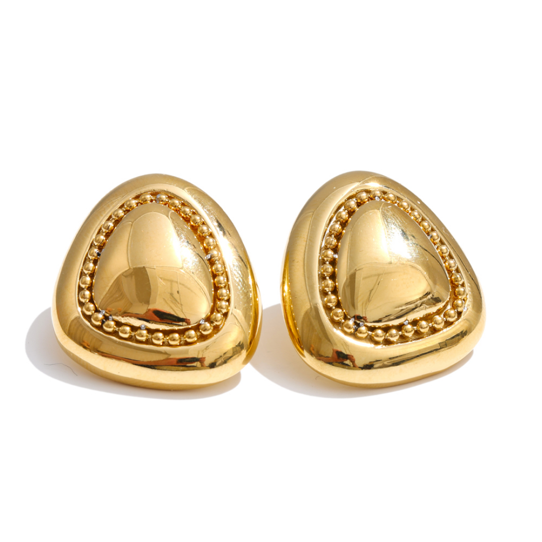 Gold Selma rounded triangle statement stud earrings with beaded border