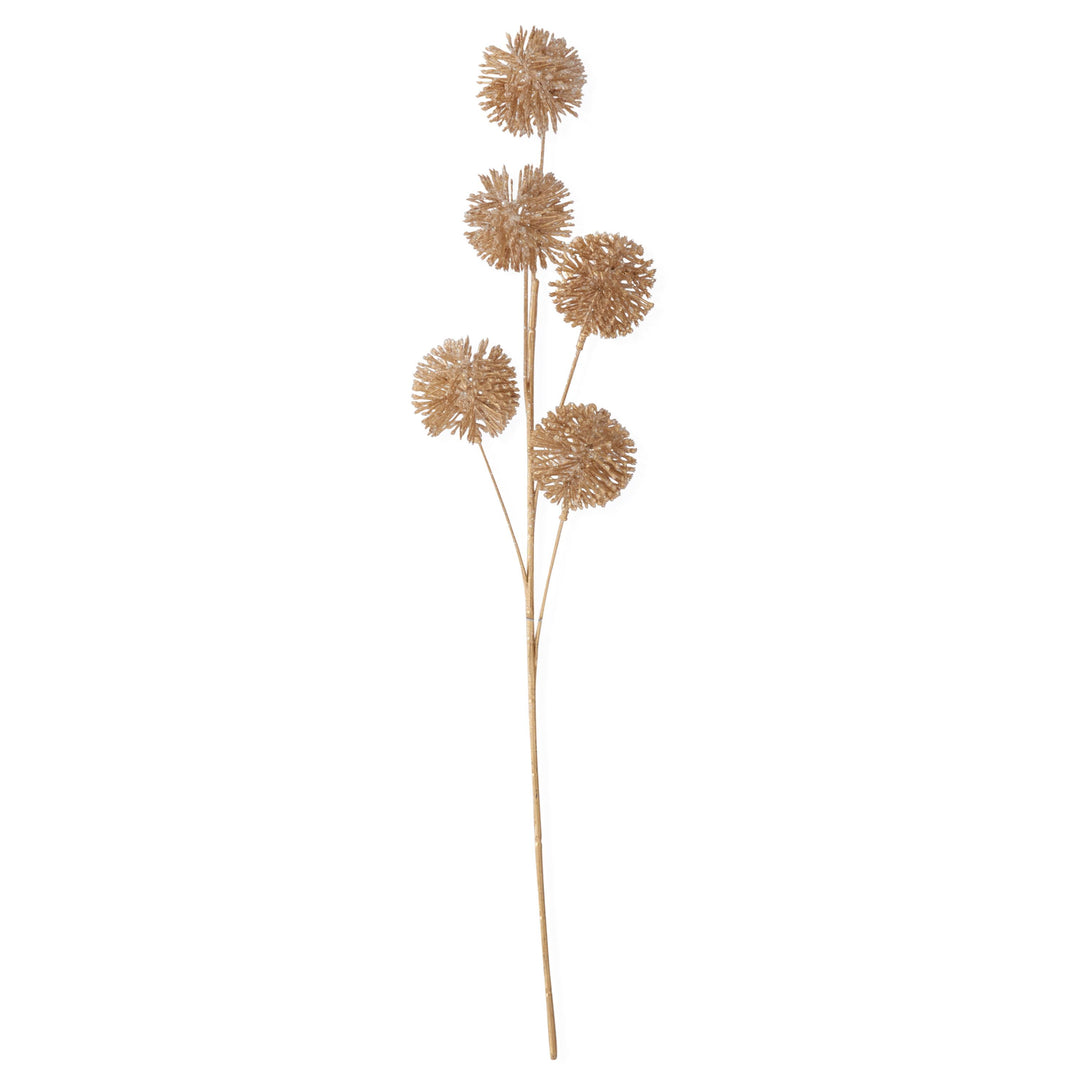 Decorative plant stem with spherical gold flowers on a white background