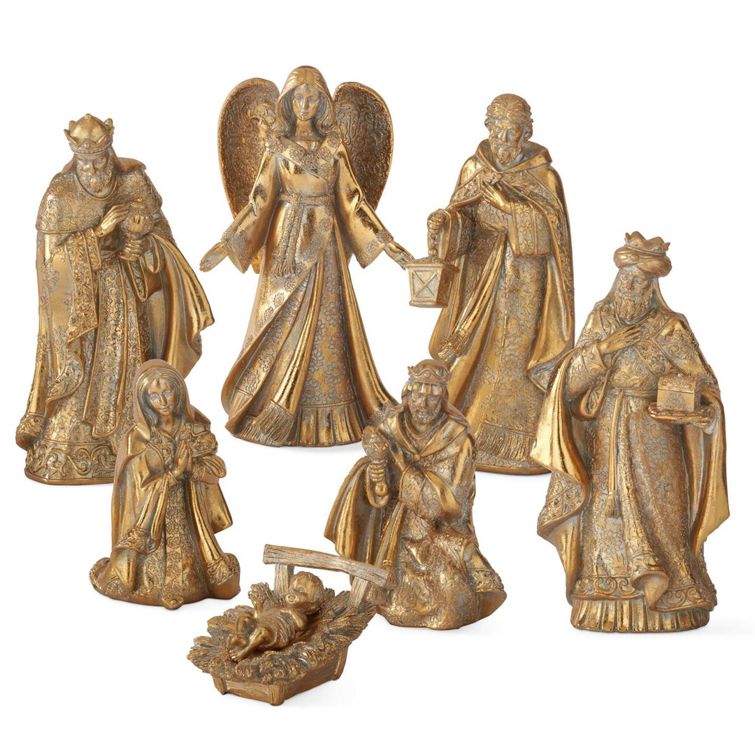 GOLD ANTIQUE NATIVITY SET WITH 7 PIECES ON WHITE BACKGROUND