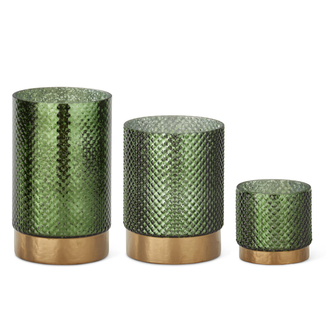 GREEN GLASS CANDLES WITH BRASS TRIM FINISH IN THREE SIZES