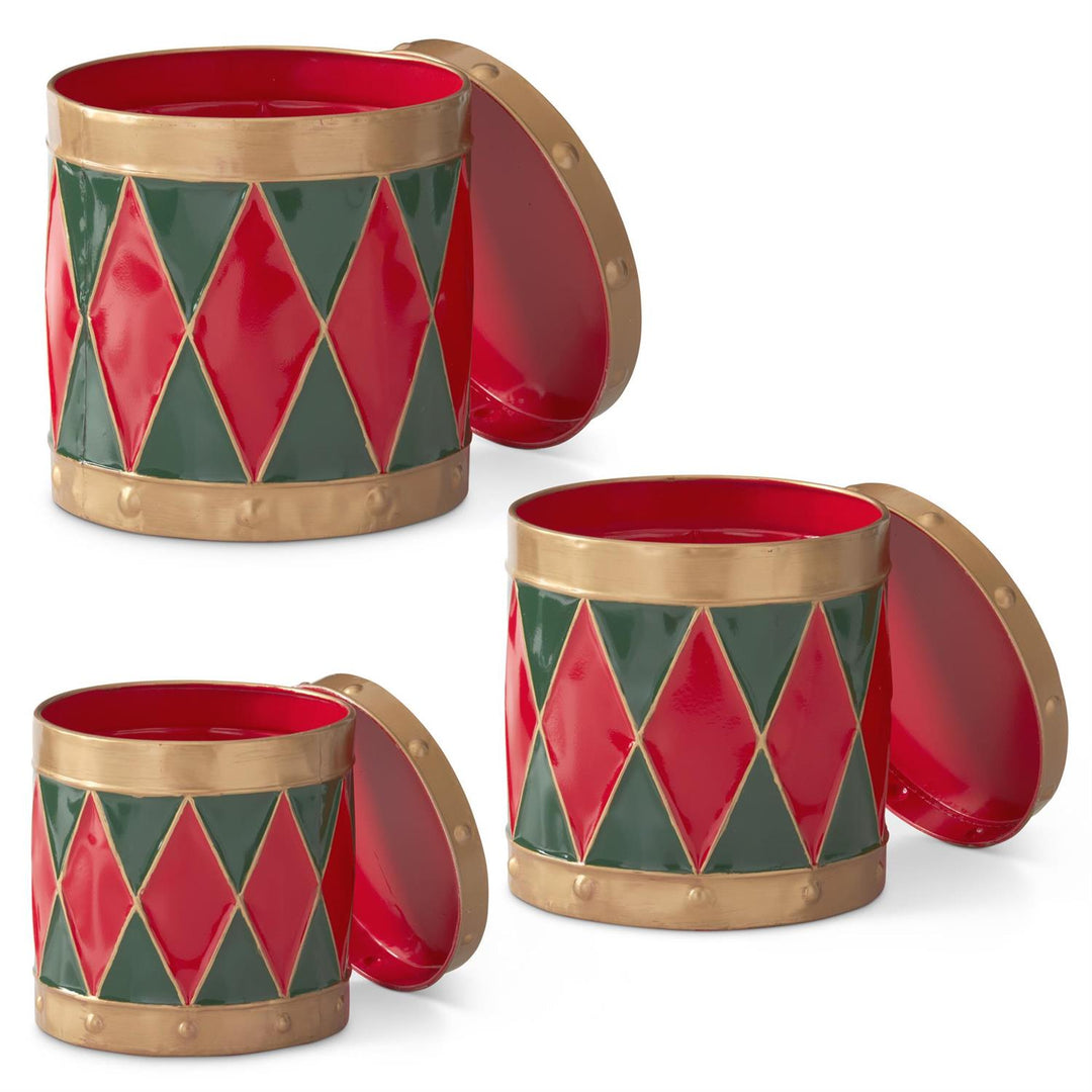 RED & GREEN HARLEQUIN METAL DRUM CONTAINERS WITH LIDS