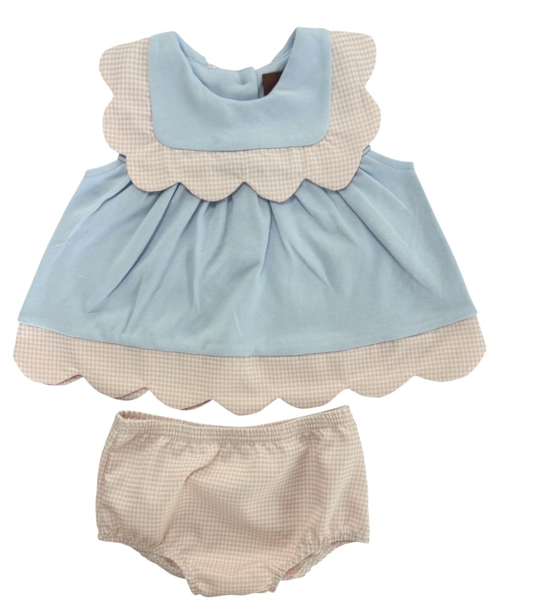 BLUE SLEEVELESS TOP WITH PEACH GINGHAM DETAIL AND MATCHING PEACH GINGHAM BLOOMERS