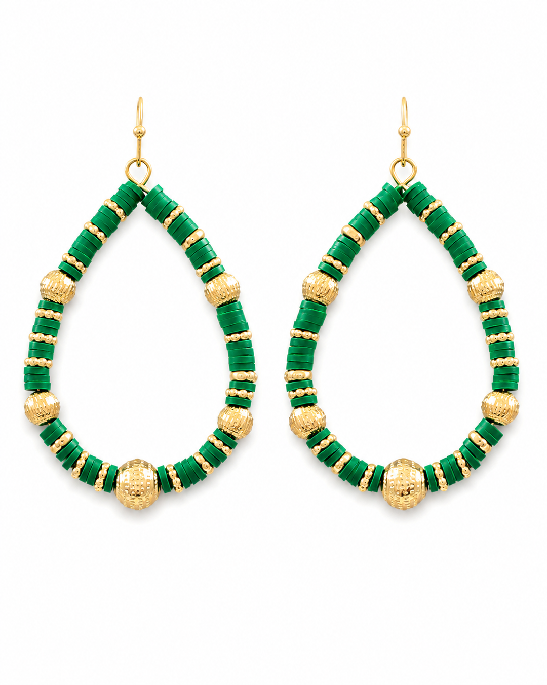 Green and gold beaded teardrop earrings with textured gold accents | Walker Boutique
