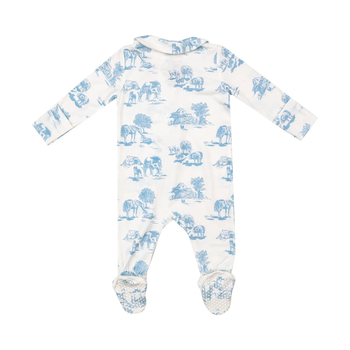 BLUE FARM TOILE COLLARED ZIPPER FOOTIE