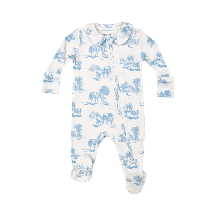 BLUE FARM TOILE COLLARED ZIPPER FOOTIE